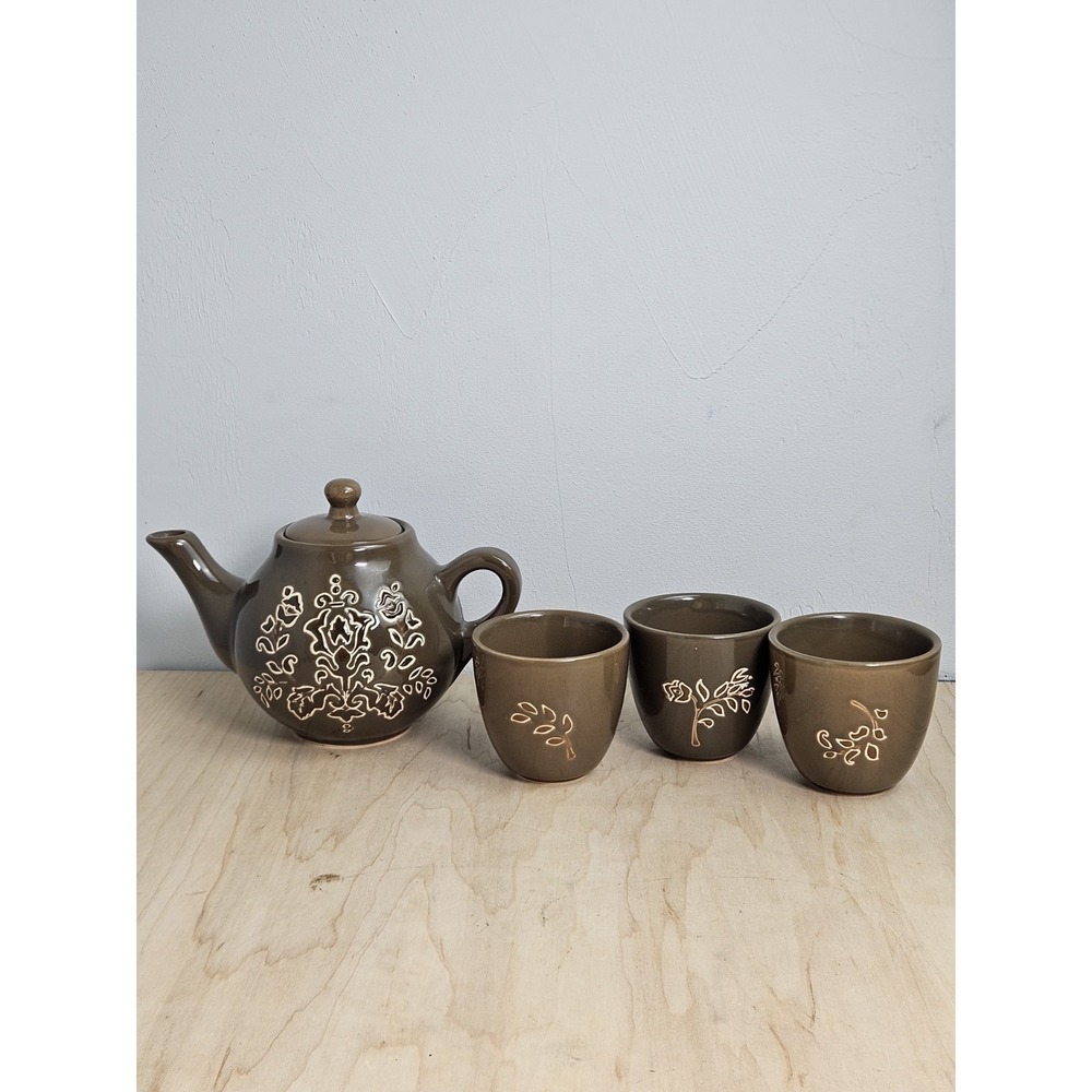 FSG Ceramic Teapot Tea Set 4 Pc Brown Floral Teapot 3 Cups Infuser EUC